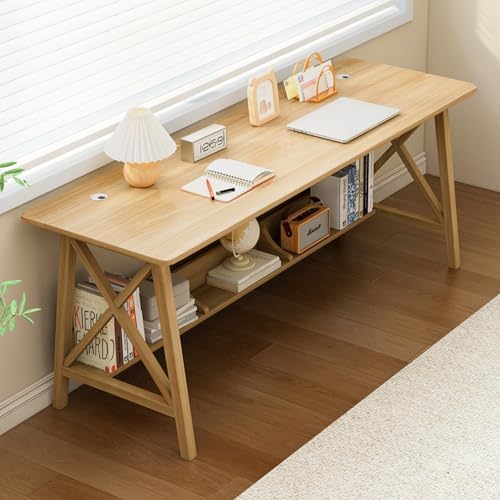 NELYE Extra Long Writing Desk with Bookshelf, 63" Wx20 Dx30 H, Oak