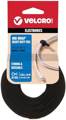 VELCRO Brand ONE-WRAP Cable Ties, 8in x 1/4in, Black, 25 Pack