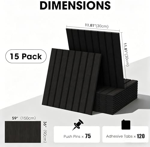 Large Cork Board for Walls 59" x 36",15 Pack 12"X12"Felt Bulletin Board Tiles with 120 Adhesive Tabs,Cork Board Alternative for Office Decor, Push Pin Board Wall Organizer- Black
