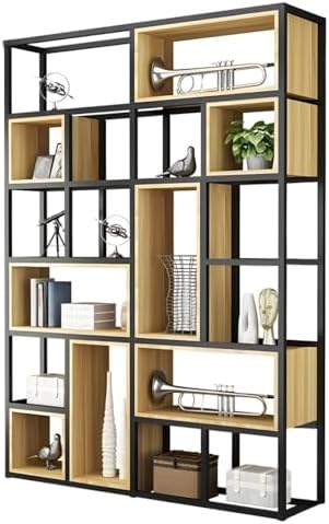 Wood Industrial Cube Bookcase with Shelves & Open Back Iron Bookshelf Floor Steel & Wood Shelf Multi-Layer Shelf Storage Rack Office Partition Display Rack Natural 63" L x 9.8" W x 94.5" H