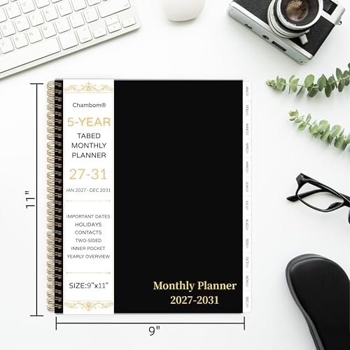 2027-2031 Monthly Planner, 5 Year Monthly Planner/Calendar 20276-2031, 60-Month Jan 2027 – Dec 2031, 9" x 11", Tabs, Double-Side Pocket, Holidays, Thick Paper, Polypropylene Cover - Black