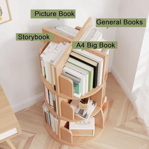 GAMAK Rotating Bookshelf Tower for Kids 360 Display 2-4 Tier Floor Standing Bookcase Revolving Bookcase Tower Small Corner Bookshelf for Small Space (Color : White, Size : Square_Three)