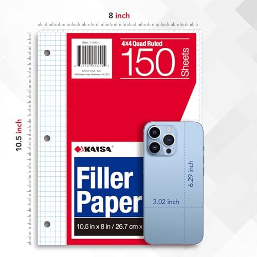 Kaisa Graph Paper Filler Paper USA-Made Bulk Wholesale Available 3 Pack 4x4 Quad Rule 3-Hole Punched Loose Leaf Paper 8x10.5 Filler Paper for 3-Ring Binder, 150 Sheets/Pack