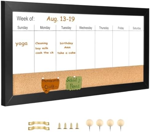 Magnetic Weekly Whiteboard and Cork Board, Black Wood Frame, 24" x 12"