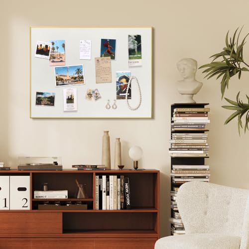 SELEAD Linen Bulletin Board 24” x 18” - Golden Aluminum Frame, Beige Fabric
