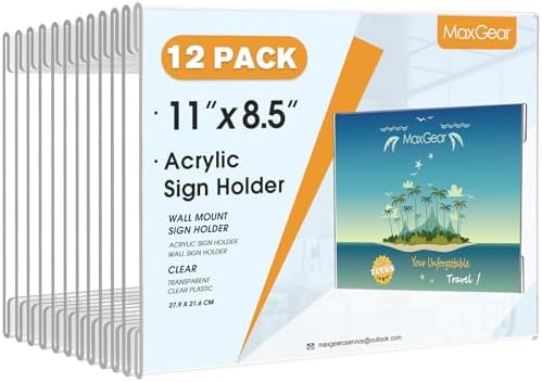 MaxGear Acrylic Sign Holder 8.5 x 11 Wall Mount, 12 Pack, Landscape