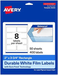 Avery® Printable Durable White Rectangle Labels, Sure Feed® Technology, 2" x 3.75", Print-to-the-Edge, Waterproof Labels, Laser & Pigment-Based Inkjet Compatible, 400 Total