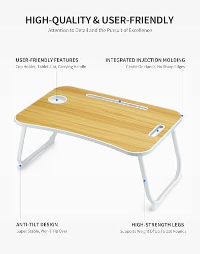 ZEAPTAC Laptop Bed Desk, Foldable Lap Desk, Portable Lap Table, Laptop Stand with Cup Holder, Tablet Slot & Lifting Handle for Work, Write, Draw & Eat on Bed, Sofa or Couch - Wood
