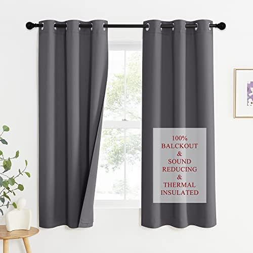 NICETOWN Noise Reduction Blackout Curtains, Thermal Insulated Full Blackout 3-Layer Lined Drapes, Energy Efficiency Window Draperies for Bedroom (Grey, 2 Panels, 42-inch W by 63-inch L)
