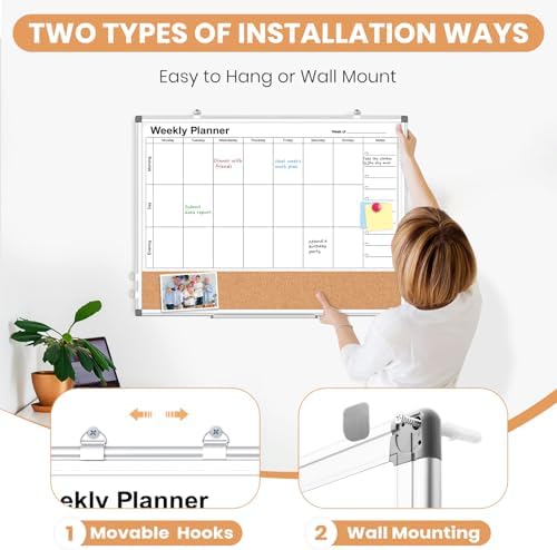 Weekly Dry Erase Calendar Whiteboard for Wall, 24" x 18" Cork Week Planner
