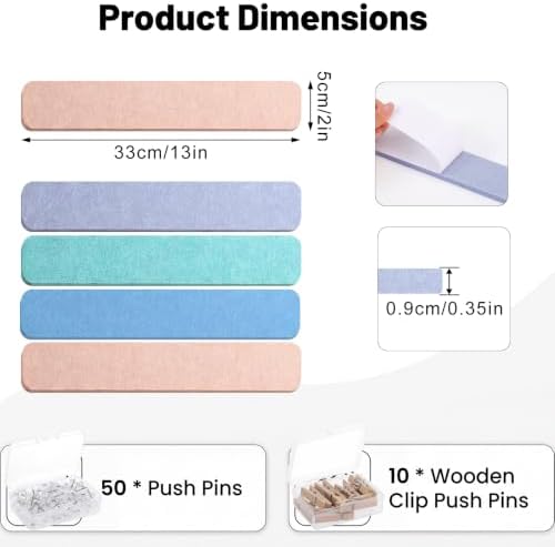 Thboxes 8 Pack Felt Bulletin Board Strips, 13x2 Inch Self Adhesive Felt Pin Boards with 50 Pushpins and 10 Wooden Clips Push Pins, Cork Board for Walls Home Office Decor(Soft Macaron)