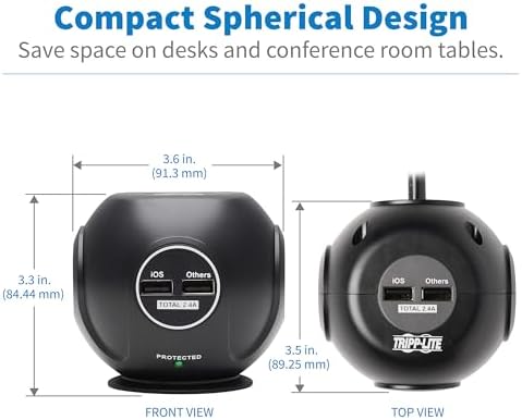Tripp Lite Surge Protector 3-Outlet Spherical Surge Protector, 4 USB Ports (4.8A Shared) - 6-ft. (1.83 m) Cord, 5-15P Plug, 540 Joules, Black (TLP36USB)