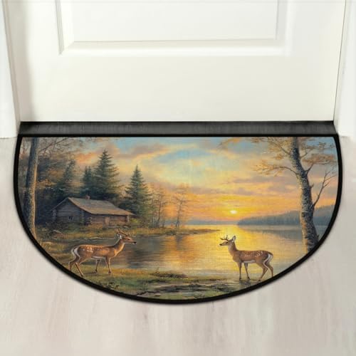 Deer Maple Autumn Half Round Door Mat Non Slip Washable Semi Circle Area Rug Absorbent Soft Half Moon Rug Floor Mat for Indoor Outdoor Kitchen Bathroom Patio Front Door Mat Decor