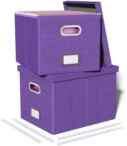 Oterri 2 Pack File Storage Organizer, Filing Box, Portable File Box with Lid, Fit for Letter/Legal File Folder Storage, Document Organizer, Purple