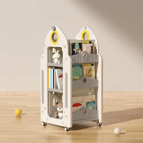 GAMAK Small Bookshelf for Small Spaces Kids Stand on Wheels Rotating Bookshelf 360 Display 4 Tier Bookcase Children's Picture Book Floor Storage (Color : Gray)