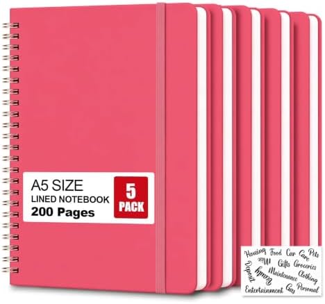 5 Pack Hardcover Spiral Notebooks, 8.3" x 6.3" Lined Journal Set, 100 GSM Bleed-Resistant Paper, 200 Pages Twin-Wire Bound Notebook with Elastic Band & Category Stickers for Office, School