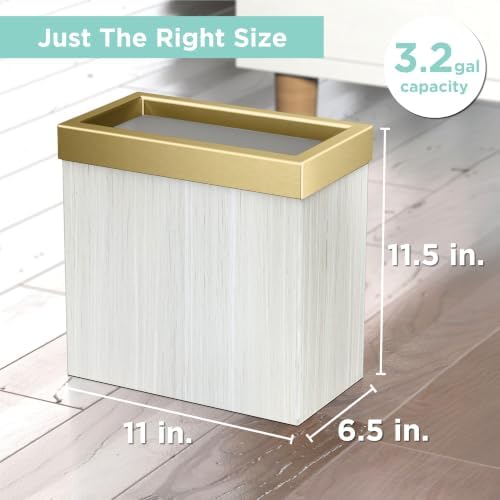 Gatco Modern Rectangle Wastebasket, White Oak/Brushed Brass Lid - Stainless Steel Trash Can with Removable Lid, Leakproof, 3 Gallon Capacity for Bathroom, Bedroom, Kitchen, or Office