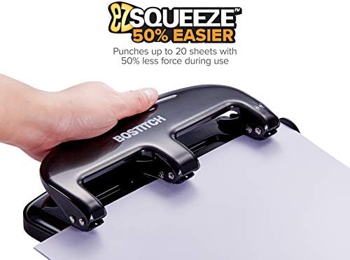 Bostitch Office EZ Squeeze 20 Sheet Standard 3 Hole Punch, Metal Construction, Silver/Black (HP20)
