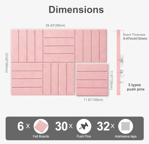 0.47" Thick Felt Wall Tiles 36"x24" Cork Board Alternative 6 Pack 11.81"x11.81"Felt Bulletin Board Pin Board with Removable Adhesive Tape&30 Pushpins for Home Office School(Bold-Coral Pink)