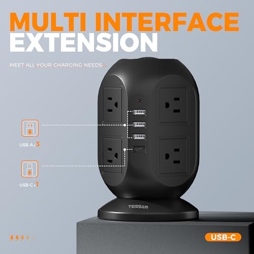 TESSAN Tower Power Strip 10 ft, Long Flat Extension Cord，Multiple Outlets