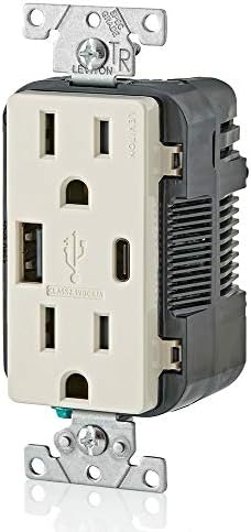 Leviton T5633-T Type A & Type-C USB in-Wall Charger with 15A Tamper-Resistant Outlet, USB Charger for Smartphones and Tablets. Not for Laptops, Light Almond