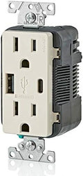 Leviton T5633-T Type A & Type-C USB in-Wall Charger with 15A Tamper-Resistant Outlet, USB Charger for Smartphones and Tablets. Not for Laptops, Light Almond