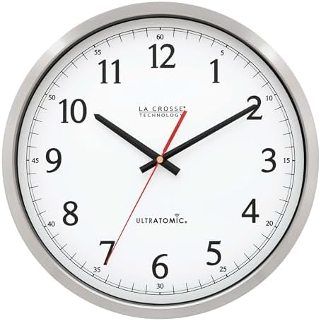 La Crosse Technology 404-1235UA-PL UltrAtomic 14 inch Stainless Steel Wall Clock, Shatterproof Lens, Silver