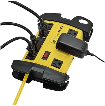 Tripp Lite Eaton TLM812SA Heavy Duty Power Strip with Surge Protection, 8 Outlets, 1500 Joules, Yellow Metal Housing, 12ft Cord, Keyhole Mounting Slots, Cord Wrap, Industrial Garage Work Shop Bench