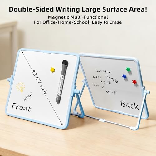 Colorful Dry Erase White Board 9.7x9.7in, Magnetic Desktop Board with Stand, 2 Markers (Eraser Head), 4 Magnets - Double-Sided Easel for Daily Planning, Memo, Office/Home/School (Blue)
