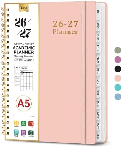 Taja Planner 2026-2027, 6.3" x 8.5" Calendar Planner, Jul 2026-Jun 2027 | A5 Hardcover Weekly & Monthly Academic Year Planner, Large Planning Agenda With Tabs, School & Office Supplies, Pink
