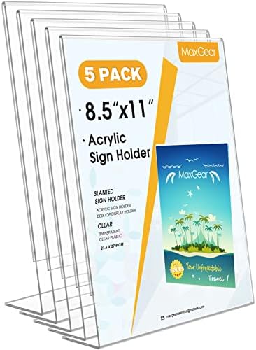 MaxGear Acrylic Sign Holder, 8.5 x 11 Slant Back Display Stand, 5 Pack