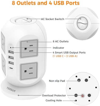 TESSAN Tower Power Strip 15 ft, Long Flat Extension Cord，Multiple Outlets