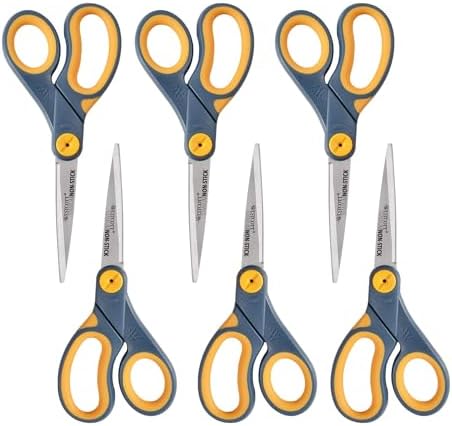 Westcott 8-Inch Non-Stick Titanium Scissors For Office and Home - Glide Adjust Technology - Grey/Yellow Craft, Fabric Scissors - 6 Pack