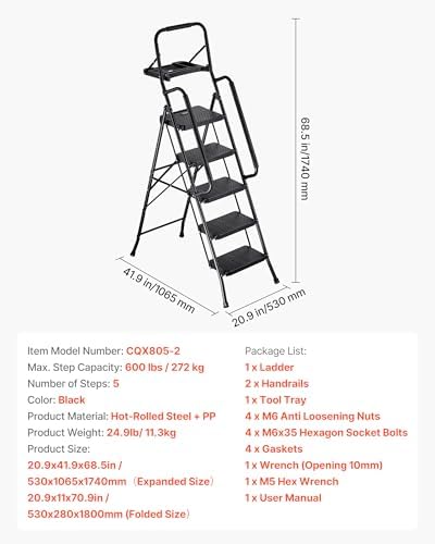 VEVOR 5 Step Ladder, Folding Step Stool with Wide Anti-Slip Pedal, Tool Tray, Dual Side Handrails, Portable Steel Ladder, Multi-Use for Kitchen, Home, Household and Office, Black