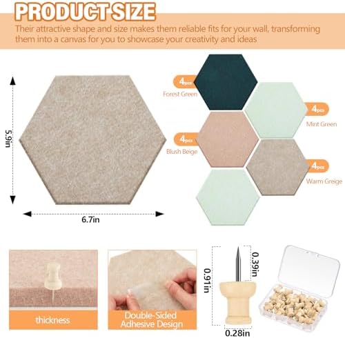 6.7 x 5.9 in 16 Pcs Hexagon Cork Board Tiles, Felt Pin Boards, Green