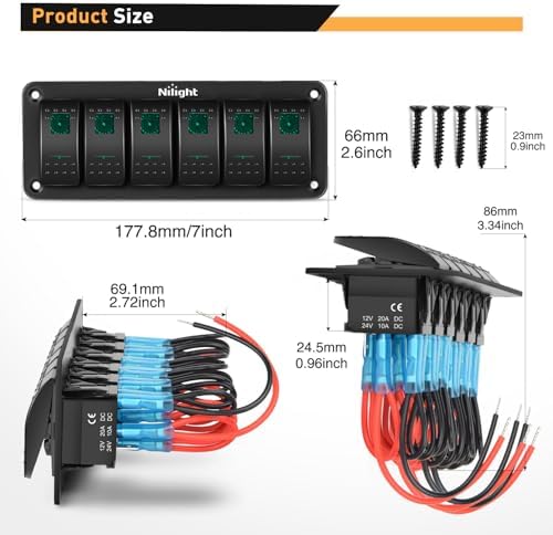 Nilight 6 Gang Rocker Switch Panel SPST On Off 5PIN Electrical Toggle Green