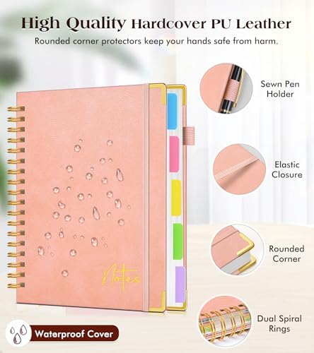 5 Subject Blank Notebook with Removable Dividers Tabs, 300 Pages Hardcover Leather Sketch Book Spiral Journal, 8"x10" B5 Large Sketchbook Notebooks for Women Men Work School Sketching Drawing, Pink