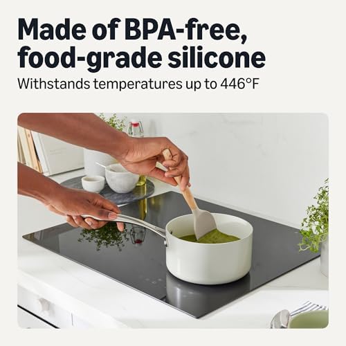 Amazon Basics Silicone Cooking Utensils Set with Wooden Handle, 14-Piece, BPA-Free, Utensil Holder Included, Linen Gray