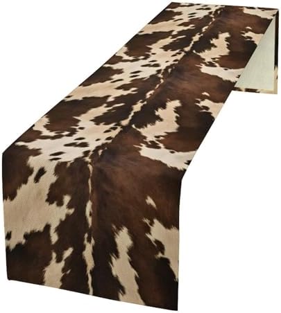Cow Skin Print Table Runner, Western Rustic Cottage Country Farm Animal Fur Skin Pattern Black Cowhide Print Dinner Runner for Home Kitchen Dining Table Decoration 13"x70"