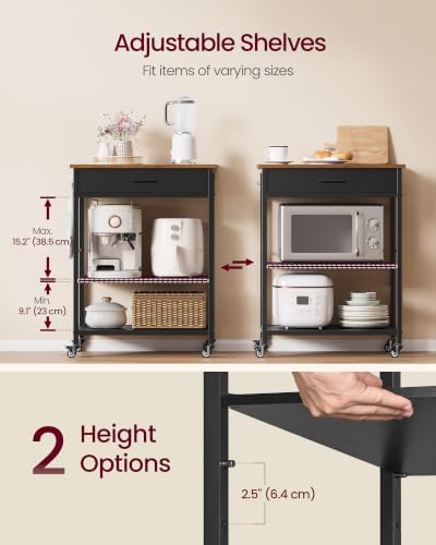 VASAGLE Kitchen Island Cart with Storage, Drawer, Adjustable Shelf, 2 Hooks | Portable Kitchen island On Wheels, Small Cart, 23.6" Width, Rustic Brown and Ink Black, BARNET Collection UKKI007KD01