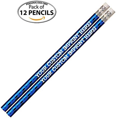 Express Pencils™ Personalized Pencils - Round - Glitz & Glitter Foil Theme - Full Color Print w/your name, message, text or logo - Includes Personalization - Great gift ideas - 12/Set (BLUE PRISM)