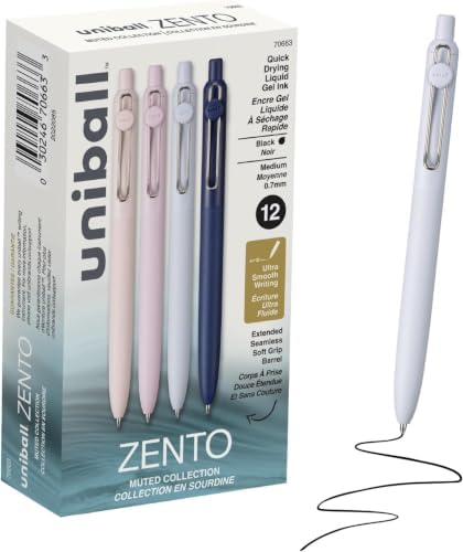 uniball Zento Liquid Gel Ink Retractable Pens, Medium Point (0.7mm), Muted Barrels, Black Ink, Dozen (Pack of 144)