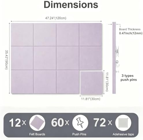 Felt Wall Tiles Bulletin Board Large Cork Board Alternative 12 Pack 11.81”x11.81”x0.47” Felt Pin Board Tack Board with Safe Removable Adhesive Tabs for Home Office School 48x36(Light Purple)