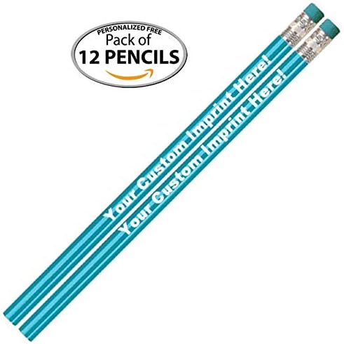 Personalized Custom Pencils - Round - Glitz & Glitter Full Color Print w/your name, message, text or logo - Personalization - Great gift ideas - 12/Set (TURQUOISE IN A TIZZY METALLIC FOIL)