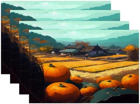 Batmerry Happy Thanksgiving Day Linen Placemats Set of 4,Pumpkin Harvest Golden Rice Fields Villages Washable Table Mats for Kitchen Table Thickened Heat Insulation Dining Set in & Out 12X18 in