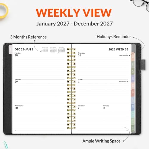 SUNEE 2027 Weekly & Monthly Planner 6.2"x8.5"- 12 Month (January 2027 - December 2027), Vegan Leather Cover, Pocket, Bookmark, Notes, Monthly Tab, Black