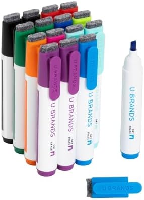 U Brands Dry Erase Markers Chisel Tip Set, 16 Pack, Assorted Colors, Whiteboard Pens with Chisel Point and Built In Eraser Caps, Low Odor Ink, Dry Erase Markers For Classroom, Office, Or Home