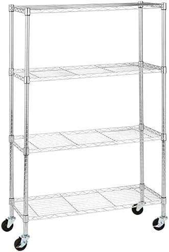 Amazon Basics 4-Shelf Adjustable Heavy Duty Storage Shelving Unit with Wheels, No-Tool Easy Assembly, Garage Shelving, Metal Wire Rack with Casters and Leveling Feet, 36" x 14" x 57.8", Chrome