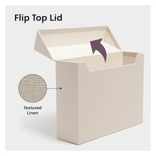 SMEAD Flip Top File Box, 10" x 3.7" x 13", Beige Natural Linen, Gold Metal Nameplate (70232)