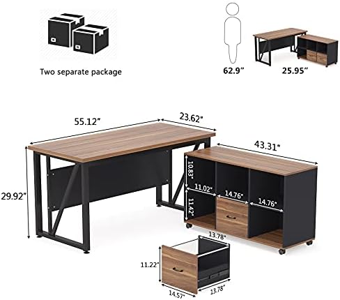Tribesigns 55 inches Executive Desk and 43" lateral File Cabinet, L-Shaped Computer Desk Home Office Furniture with Drawers and Storage Shelves, Office Table with Cabinet